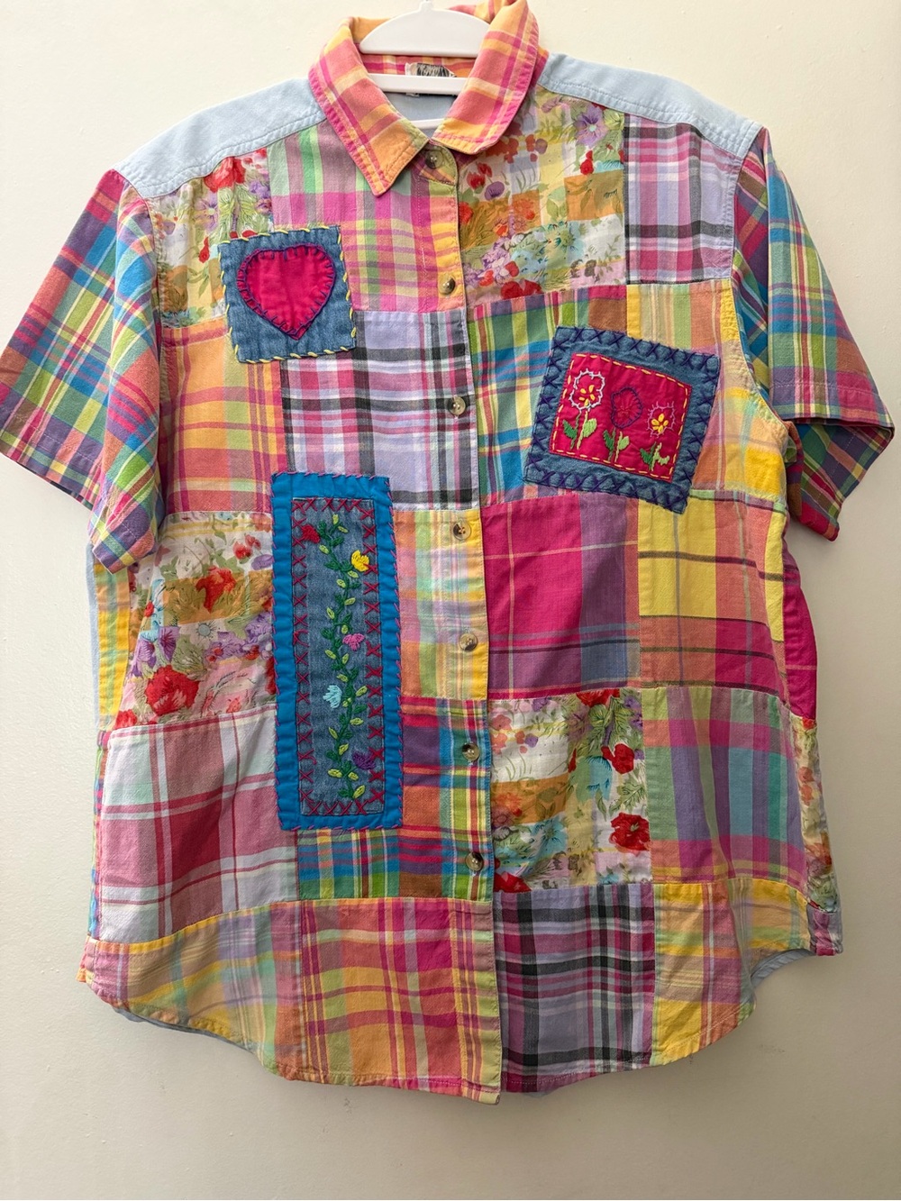 Casey & Max Patchwork Plaid Floral Embroidered Button-Up Shirt Size Large